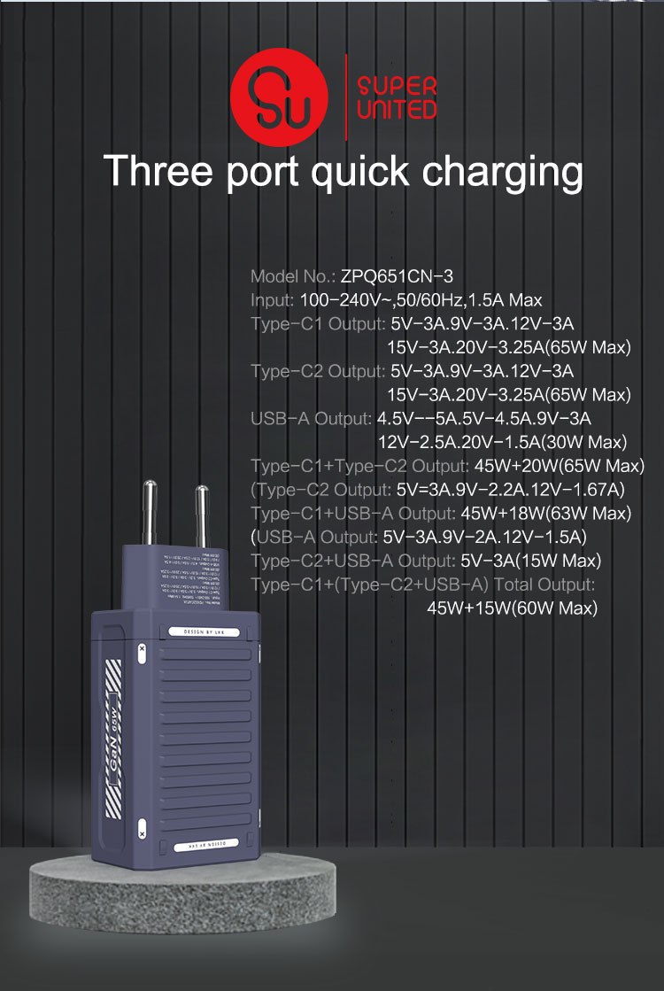 65W GaN New Technology Type-c Charger Quick Charge QC3 Wall PD Charger 3 Ports Universal Wall Charger EU