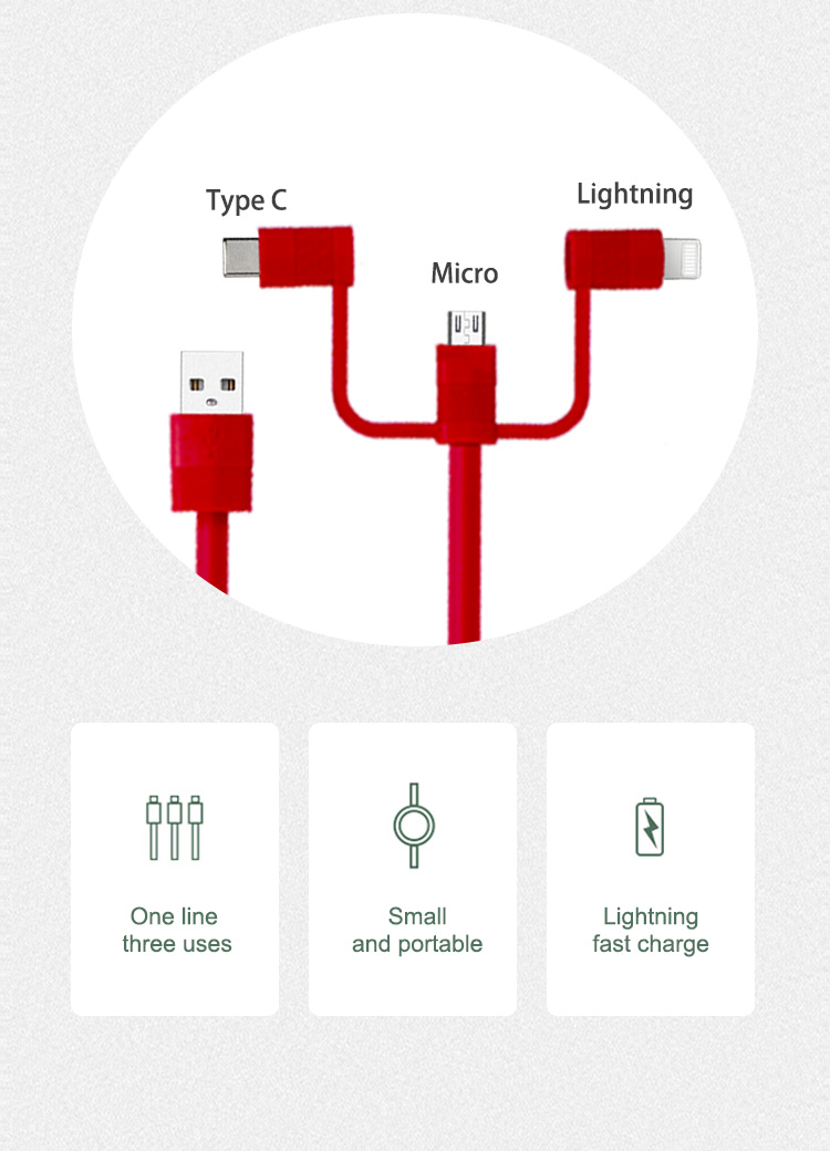 Unique design 3 IN1 data cable charge cable for Lightning, USB-C and micro USB devices