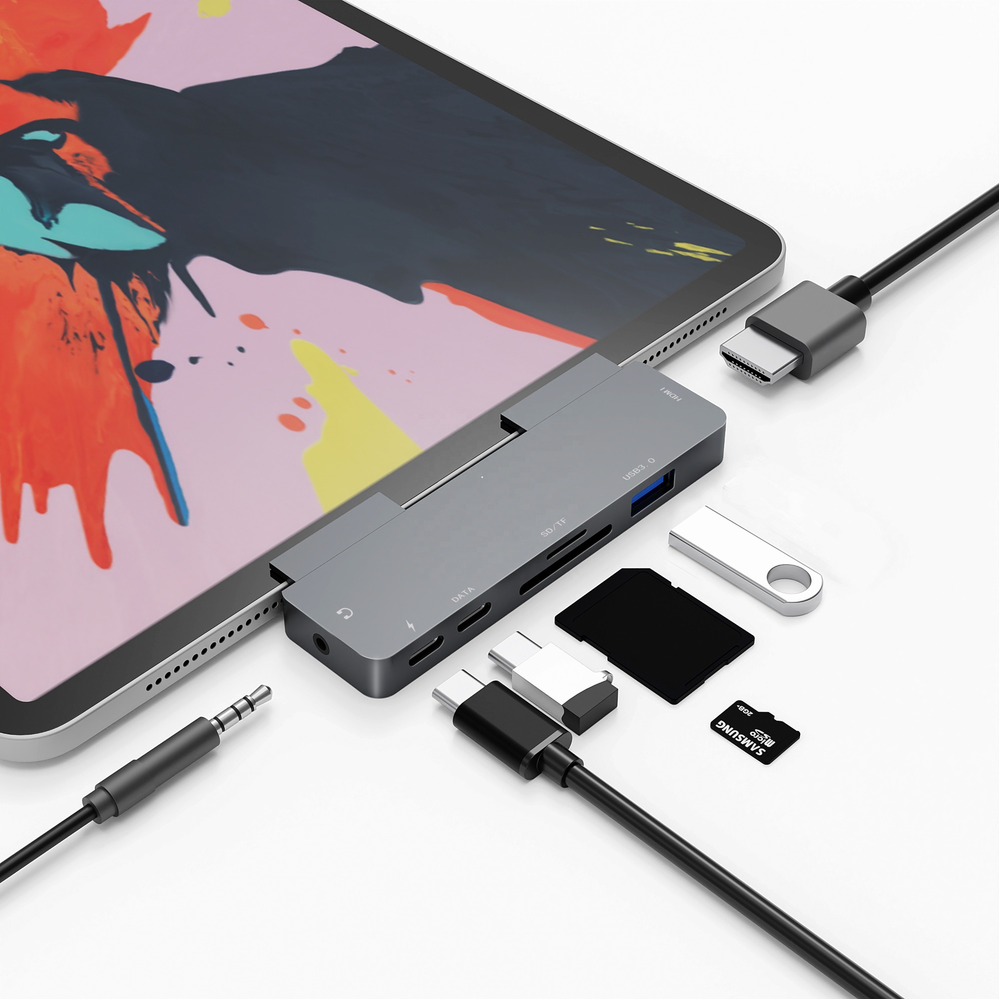 USB C Hub 7-in-1 Adapter for iPad Pro with 4K HD-MI, USB-C PD Charging