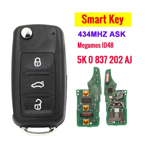 Car Keyless Smart Remote Key 434MHz with ID48 Chip for VW Jetta Golf Tiguan Polo PASSAT EOS (5K0 837 202AJ ) 753AG