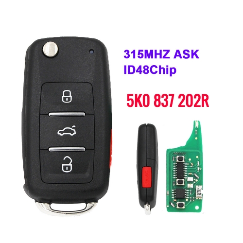Flip remote key 4 button 315mhz ASK ID48 5K0837202R for VW touareg tiguan jetta GTI golf 2014 keyless key NBG010180T
