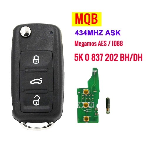 MQB fLIP Remote Control Car Key With 3Buttons 433MHz Megamos AES ID88 Chip ( 5K0 837 202BH)