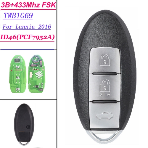 (SK355003) 3 Button 433Mhz FSK PCF7952A / HITAG 2 / 46 Chip TWB1G694 Proximity Keyless Go Smart Card Remote Key Fob For Nissan Lannia 2016