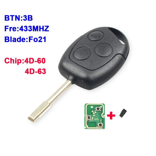 3 Buttons Remote Car Key FO21 433Mhz For Ford Focus Fiesta Fusion C-Max Mondeo Galaxy C-Max S-Max 4D60 / 4D63 Chip