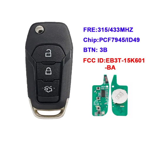 Flip Remote Key Fob 3 Buttons 315Mhz 433Mhz ID49 For Ford S-MAX GALAXY Mk2 Mk7 Explorer Ranger Mondeo 2014+ FCC: EB3T-15K601-BA
