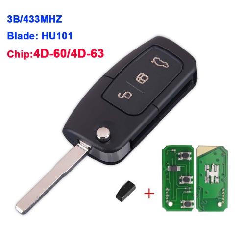 3 Buttons Remote Car Key HU101 Flip 433Mhz For Ford Focus Fiesta Fusion C-Max Mondeo Galaxy C-Max S-Max 4D60 4D63 Chip