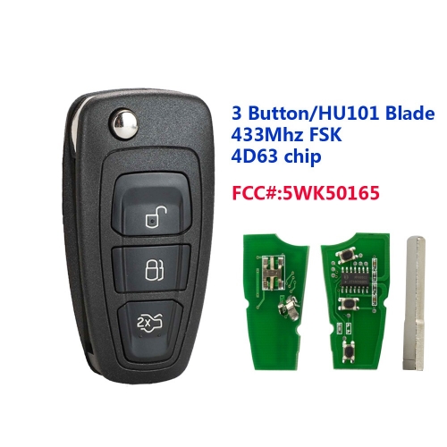 5WK50165 Car Remote Flip Key 3 Button 433Mhz FSK 4D63 Chip For Ford Mondeo Focus C-Max 2011 2012 2013 2014