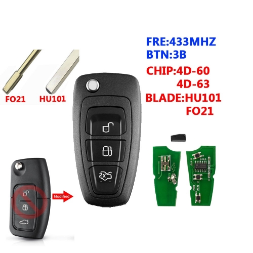 3 Buttons Fob Modified Flip Folding Remote Car Key 433Mhz 4D60 4D63 Chip For Ford Focus Fiesta Mondeo With FO21/ HU101 Blade ASK