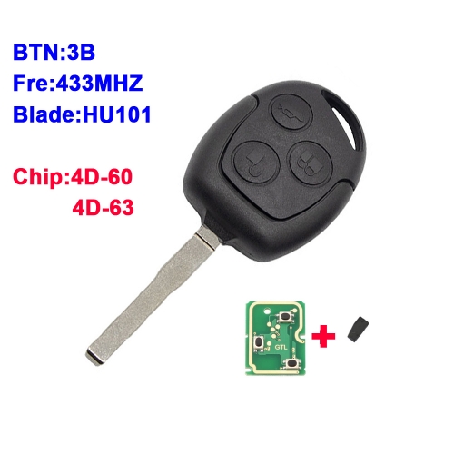 3 Buttons Remote Car Key HU101 433Mhz 4D60 4D63 Chip For Ford Focus Fiesta Fusion C-Max Mondeo Galaxy C-Max S-Max