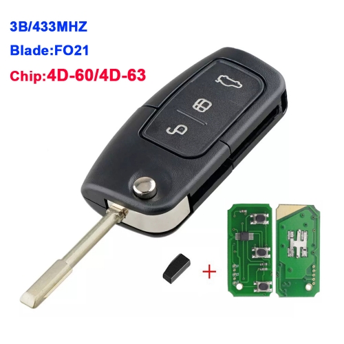 3 Buttons Remote Car Key FO21 433Mhz For Ford Focus Fiesta Fusion C-Max Mondeo Galaxy C-Max S-Max 4D60 4D63 Chip