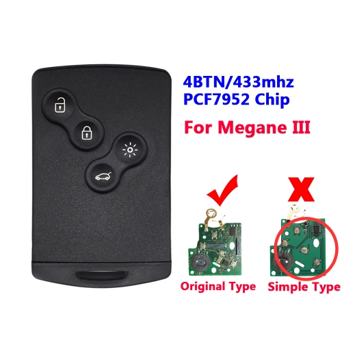 Excellent 4 Button Smart Card With PCF7952 For Megane III Laguna III
