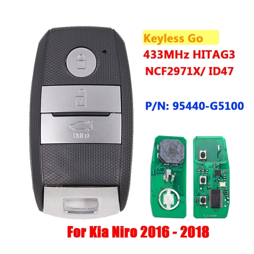 Keyless-Go 3 Button Remote Smart Key FSK 433Mhz NCF2971X / HITAG 3 / 47 Chip KIA7 For Kia Niro 2016 - 2018 P/N: 95440-G5100