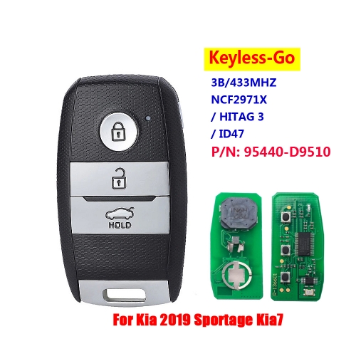 3 Button FSK 433Mhz Keyless Go Smart Remote Key Fob NCF2971X / HITAG 3 / 47 Chip PN: 95440-D9510 For Kia 2019 Sportage KIA7