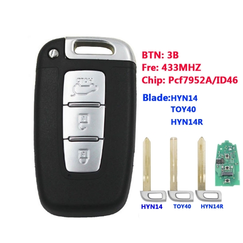 3 Buttons 433Mhz ID46 Chip - FOB For Hyundai Accent Sonata Genesis For Kia Optima FCC ID: SY5HMFNA04 TOY40/ HYN14/ HYN14R Blade
