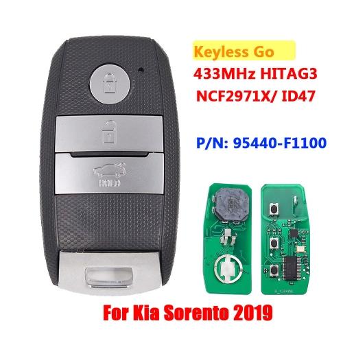 Keyless-Go 3 Button Remote Smart Car Key FSK 433Mhz NCF2971X / HITAG 3 / 47 Chip For Kia Sorento 2019 P/N: 95440-F1100