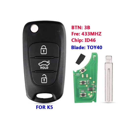 Replacement Flip Remote Car Key With 3 Buttons & 433Mhz Frequency & ID46 Chip & Uncut Blade - FOB For Kia K5