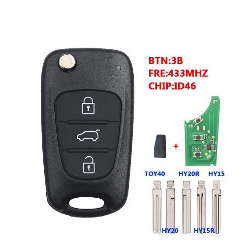 Flip Remote Key Fob For Hyundai IX35 I20 I30 2008 2009 2010 2011 2012, 3 Button 433Mhz ID46 Chip Car Key