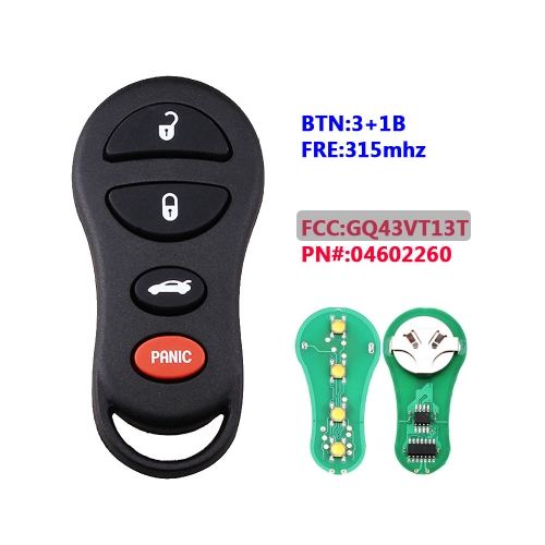 4 Buttons Keyless Entry Remote Car Key Fob 315Mhz For C-hrysler PT Cruiser 2001 2002 2003 2004 2005 FCC ID: GQ43VT13T