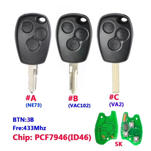 3 Button Remote Car Key for Renault 433mhz With PCF7946 Round Button