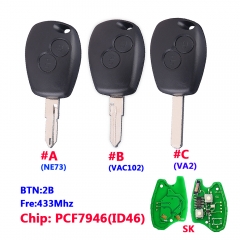 2 Button Remote Car Key for Renault 433mhz With PCF7946 Round Button