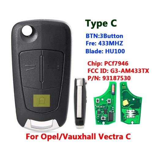 3 Button Flip Remote Key 433Mhz For Opel Astra With Vectra C Chip HU100 Blade