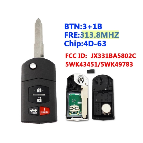 313.8Mhz 4D63 5WK43451 5WK49783 Flip 3+1B 4 Button Remote Key Fob For Mazda 3 6 MX-5 Miata CX-7 CX-9 RX-8
