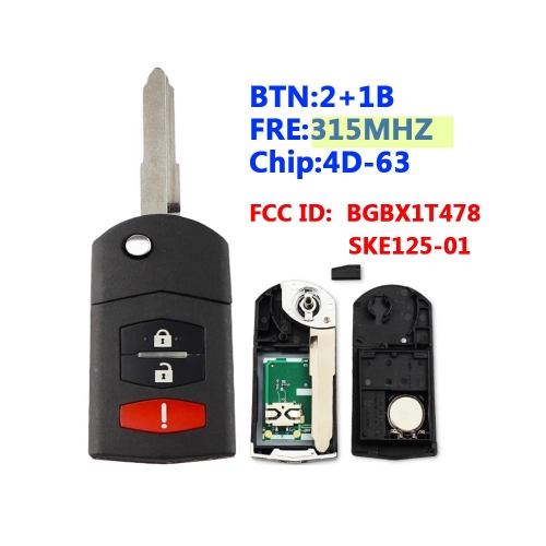 315Mhz 4D63 BGBX1T478 SKE125-01 Flip 2+1B Remote Key Fob For Mazda 3 6 MX-5 Miata CX-7 CX-9 RX-8