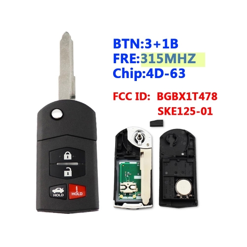 315Mhz 4D63 BGBX1T478 SKE125-01 Flip 3+1 Button Remote Key Fob For Mazda 3 6 MX-5 Miata CX-7 CX-9 RX-8