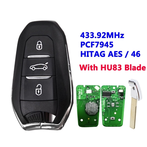 3 Buttons 433.92MHz PCF7945 / HITAG AES / 46 Chip Complete Smart Card Car Key Replacement For CITROEN C4 Picasso Lock