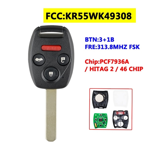 KR55WK49308 3+1B Remote Key For Honda Accord Sedan Pilot 313.8Mhz