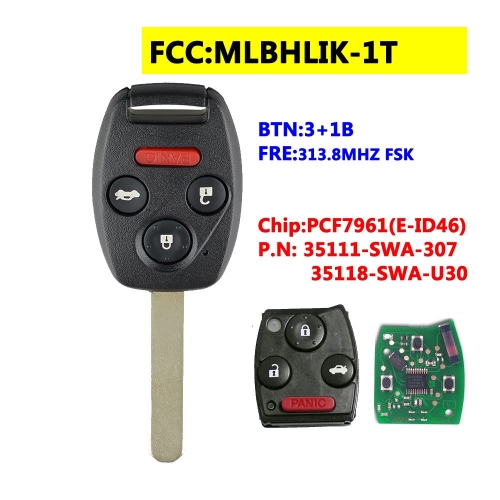 MLBHLIK-1T 3+1BTN Remote Key For Honda 313.8Mhz
