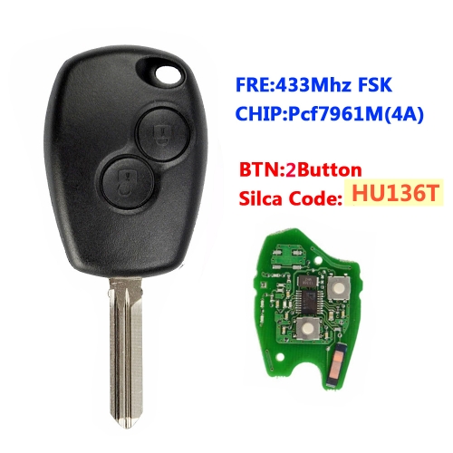 2 Buttons Remote Car Key 433mhz With PCF7961M/4A Chip With HU136 Blade Round Button
