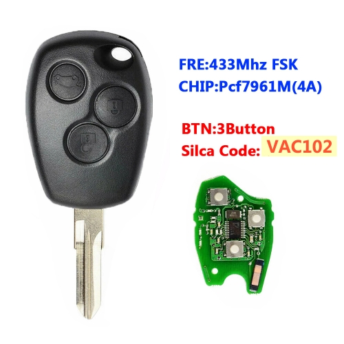 3 Button Remote Car Key 433mhz With PCF7961M/4A Chip With VAC102 Blade Round Button