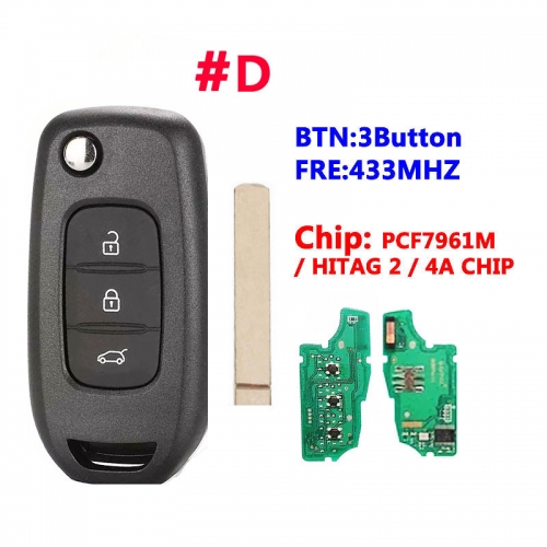 #D 3 Buttons Flip Remote Key For Renault With PCF7961M/4A Chip VA2 Blade