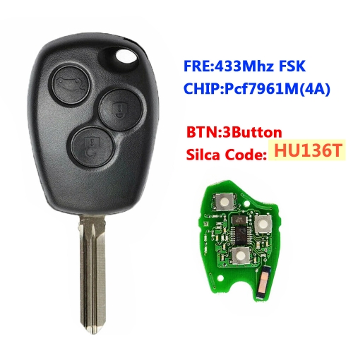 3 Buttons Remote Car Key 433mhz With PCF7961M/4A Chip With HU136 Blade Round Button