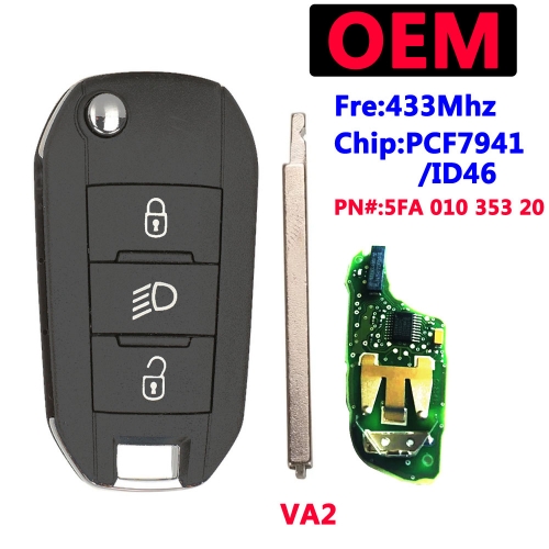 434Mhz ID46-7941 OEM Remote Flip key for Peugeot 208 308 508 2008 2012+ Hella Folding 3 Light Button Car Key Control VA2 Blade