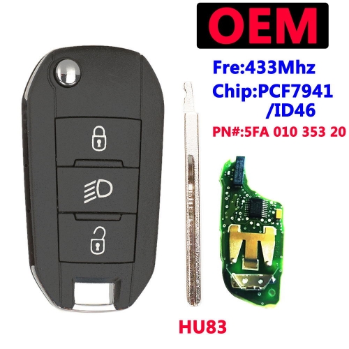 434Mhz ID46-7941 OEM Remote Flip key for Peugeot 208 308 508 2008 2012+ Hella Folding 3 Light Button Car Key Control HU83 Blade