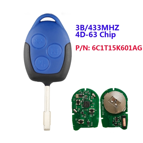 Aftermarket  Remote Key Fob 3 Button 433Mhz 4D63 Chip For Ford Transit WM VM 2006 -2014 P/N: 6C1T15K601AG