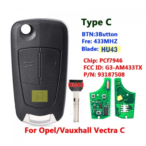3 Button Remote Flip Key For Opel Vectra C HU43 Blade