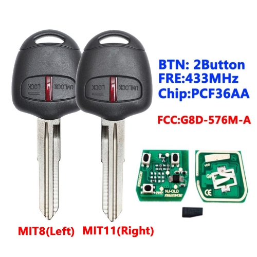 2 Button 433MHz ID46 Chip for Mitsubishi Lancer 2009-2014 FCC ID: G8D-576M-A MIT8/MIT11 Blade