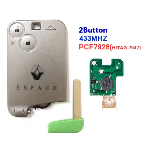 2 Button Smart Key Card 433Mhz ID46 PCF7926 Chip For Renault ESPACE With Logo with Green Blade