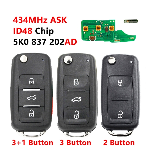 (5K0 837 202AD) 2 Button/3Button/3+1Button flip key 433mhz Id48 Chip For VW