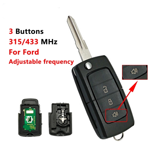 3 Button Folding Flip Remote Car Key 315/433Mhz for Ford Panic Button Remote Car Key Adjustable Frequency