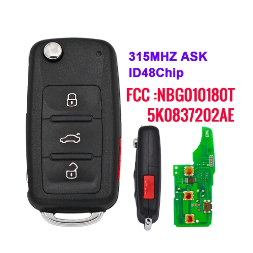 Flip remote key 4 button 315mhz ASK ID48 (5K0837202AE) for VW Bettle Cc Eos Golf Jetta Passat Tiguan 2015 2016