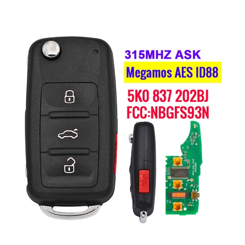 MQB Flip Remote Control Car Key With 4 Buttons 315MHz Megamos AES ID88 Chip - FOB for Volkswagen Jetta Passat 2017 2018