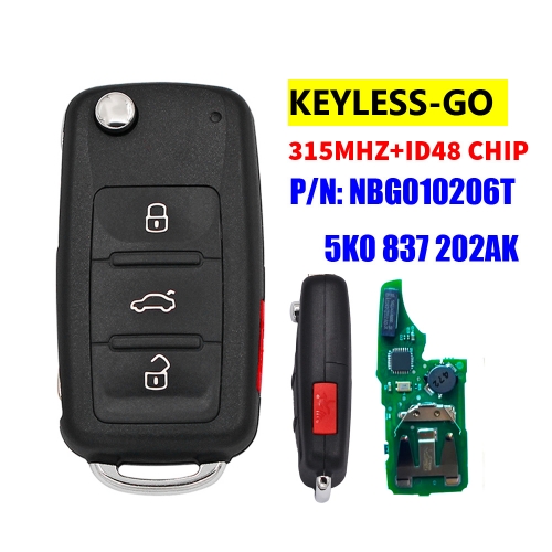 3+1 button Keyless-go Remote Key 315MHz ID48 Chip Fob (5K0 837 202 AK)  for Volkswagen 2011-2017 P/N: NBG010206T 5K0 837 202 AK Models with Prox