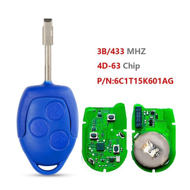 3 Button Car Remote Key 4D63 Chip 433Mhz with Blue Blade for Ford Transit WM VM 2006-2014 Car Key P/N: 6C1T15K601AG