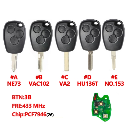 3 Button Remote Car Key 433mhz With  Aftermarket PCF7946(26) Chip With  Blade
