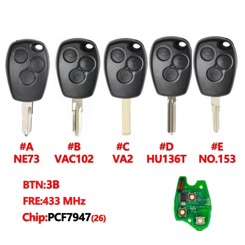 3 Buttons Remote Car Key 433mhz With Aftermarket PCF7947(26) Chip With Blade Round Button