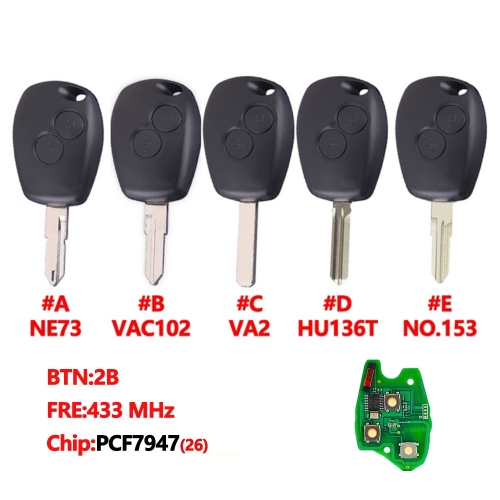 2 Buttons Remote Car Key 433mhz With Aftermarket PCF7947(26) Chip with Blade Round Button